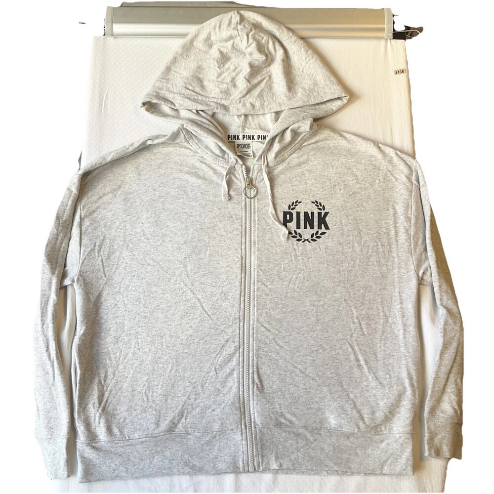 Victoria's Secret PINK Women Hoodie M Gray Logo Activewear Zipper Pockets
